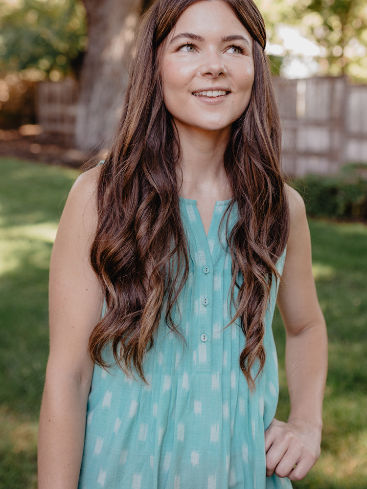 Pintucked Away Dress - Aqua Ikat