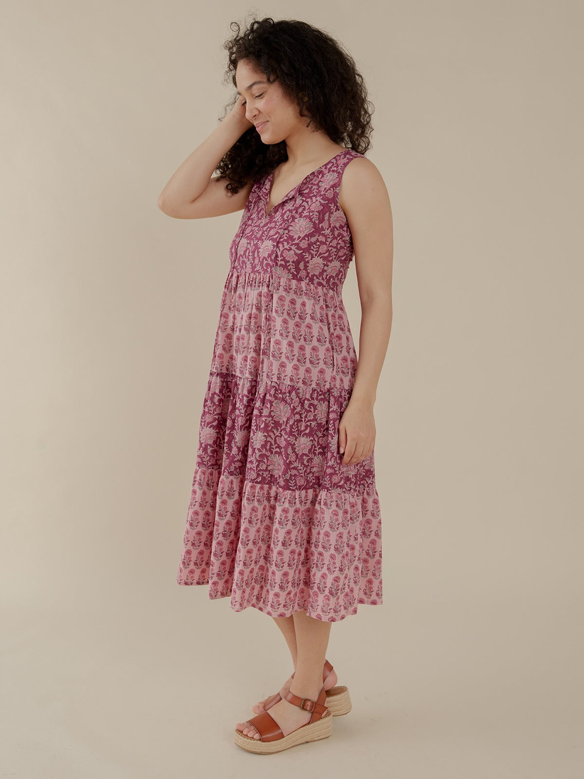 Thais Tiered Sleeveless Dress - Magenta Vine Floral
