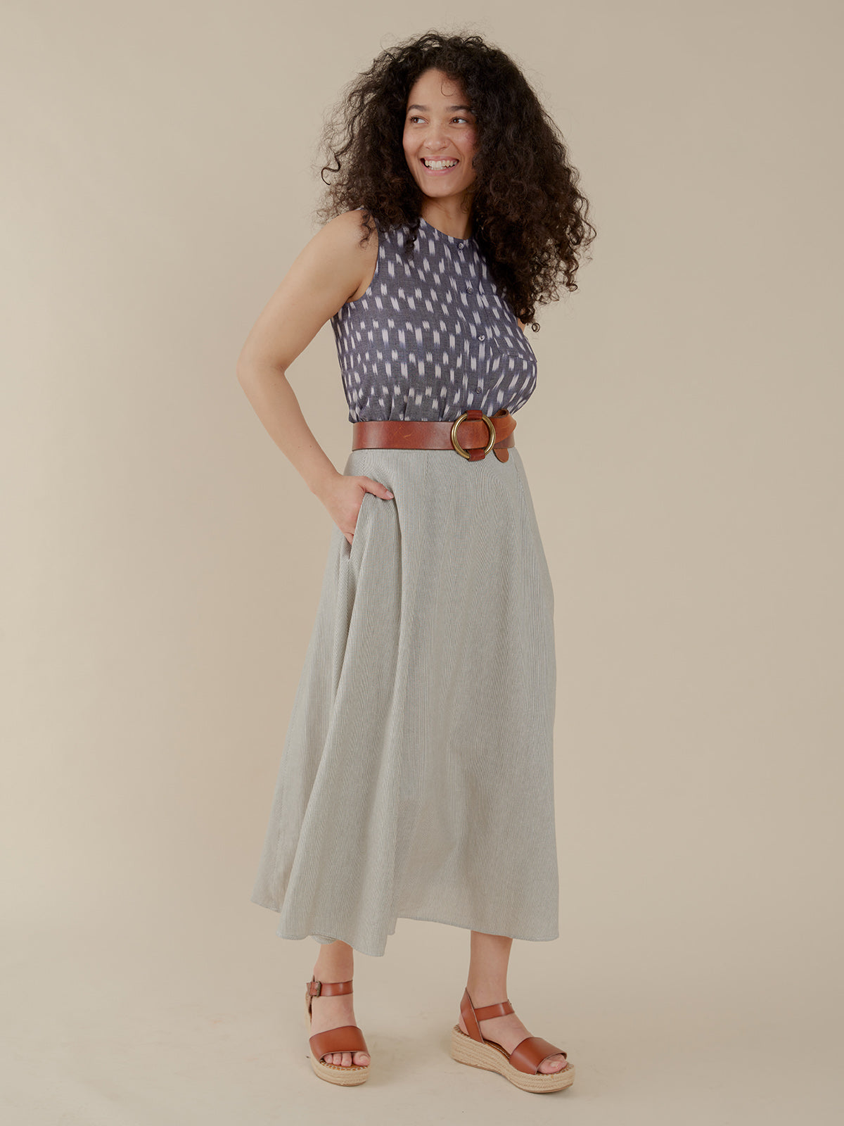 Eleni Sleeveless Tunic Top - Blue Ikat