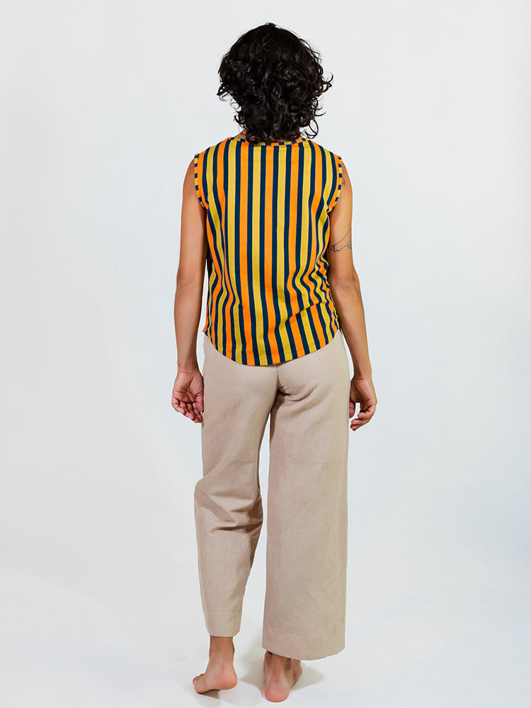 Millie Muscle Tee - Navy Chartreuse Stripe