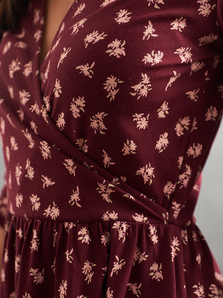 Callie 3/4 Sleeve Wrap Dress - Burgundy Bouquet