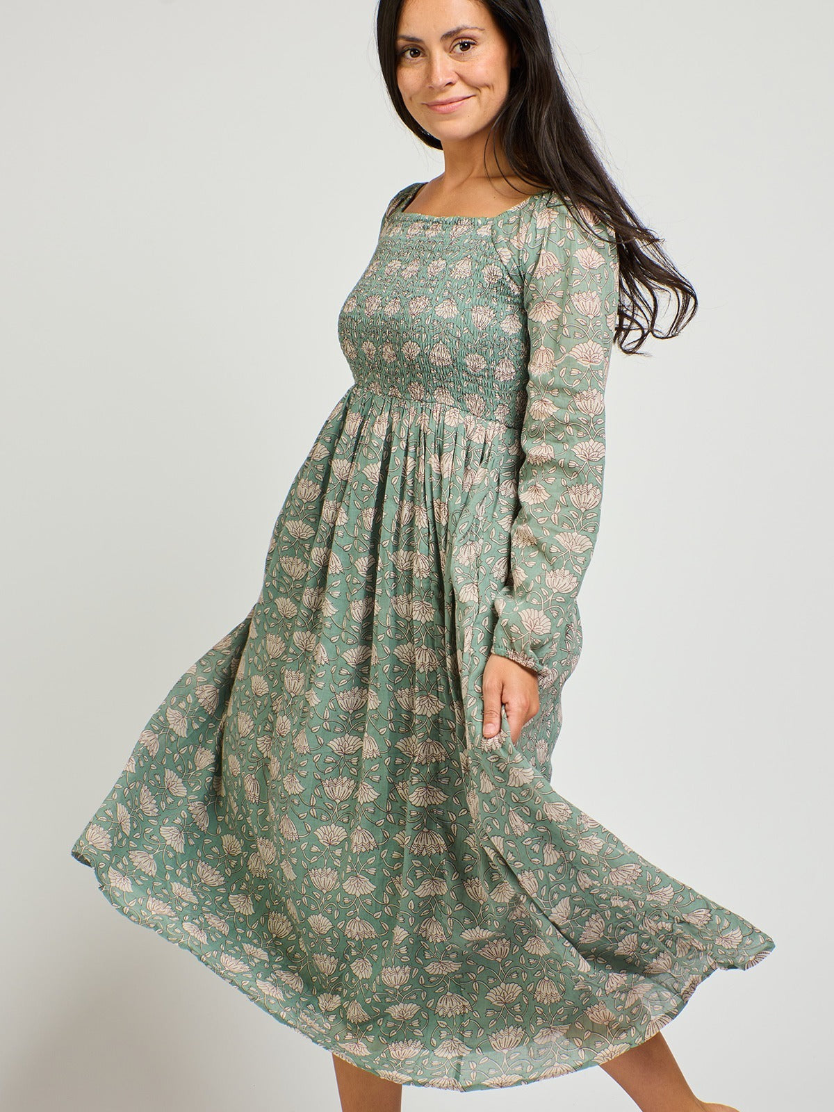 Hailee Smocked Midi Dress - Aegean Teal Floral