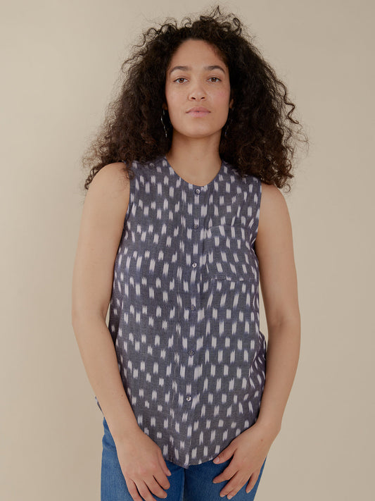 Eleni Sleeveless Tunic Top - Blue Ikat